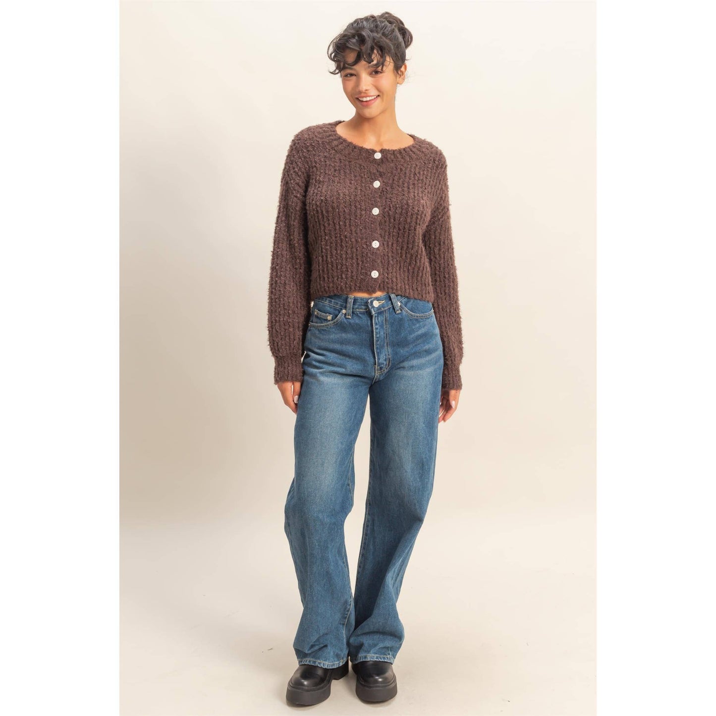 Fluffy Knit Button-Up Cardigan Sweater