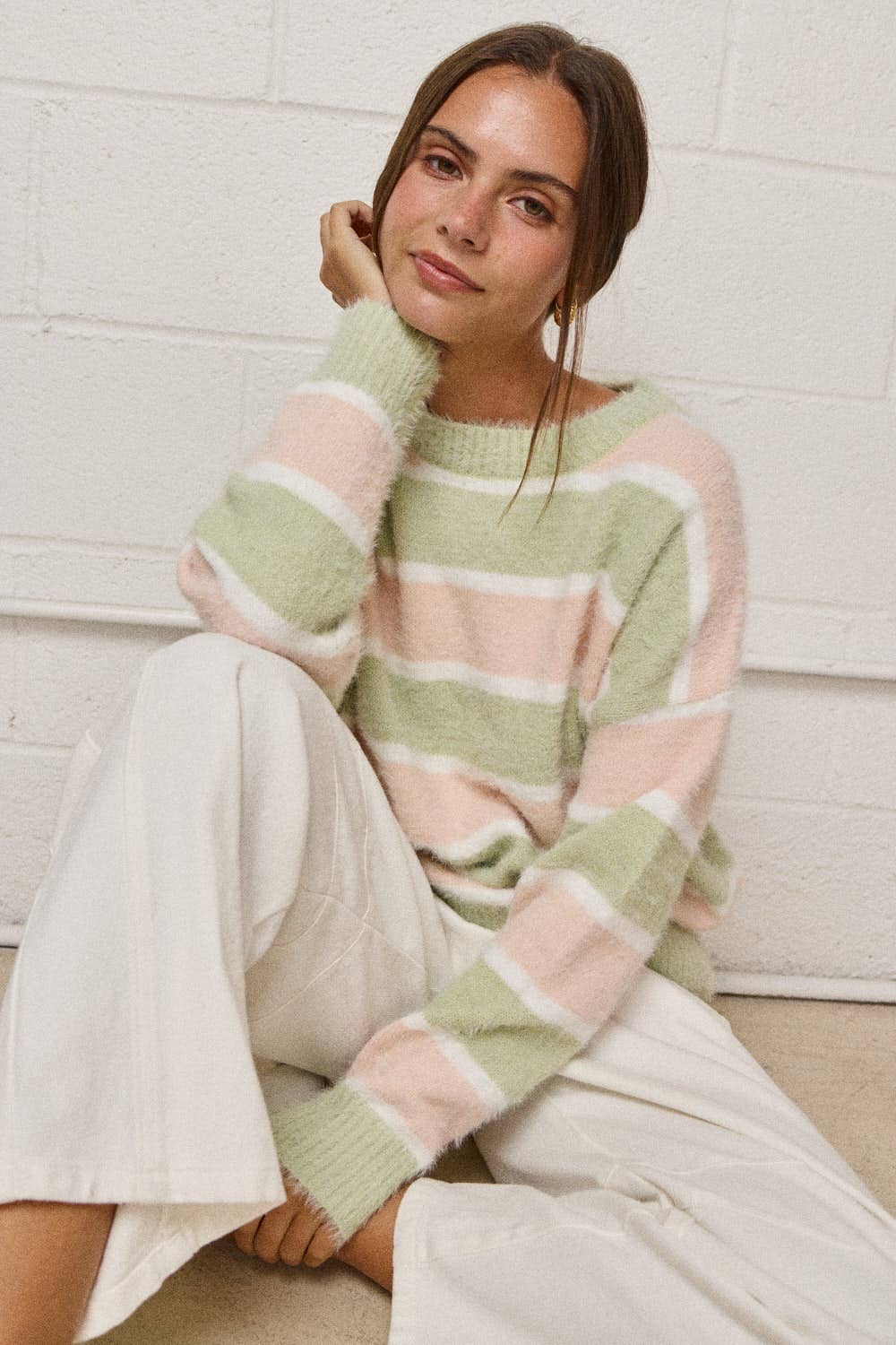 PT19021 - Loose Fit Striped Fuzzy Knit Sweater Top
