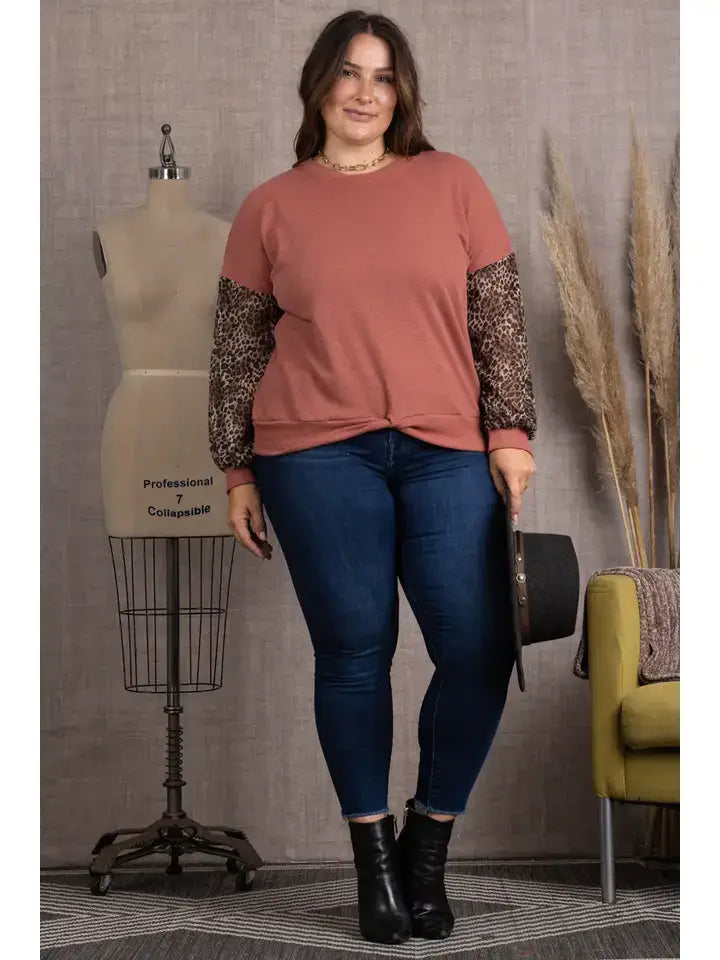 MAUVE ANIMAL PRINT RIB STITCH CONTRAST PLUS SIZE TOP