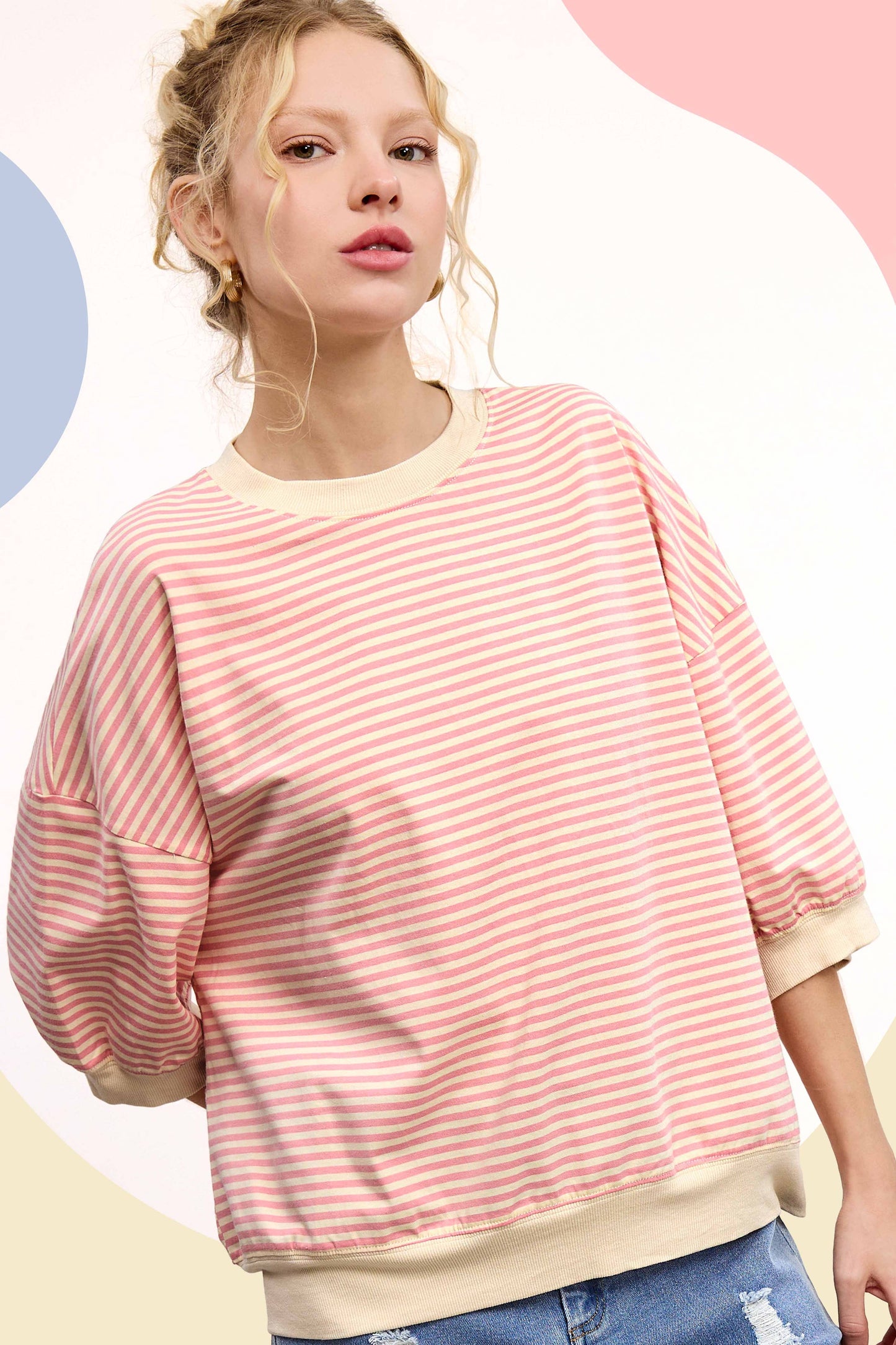 MCT7688-Loose Fit Striped Short Sleeve Crew Neckline Top