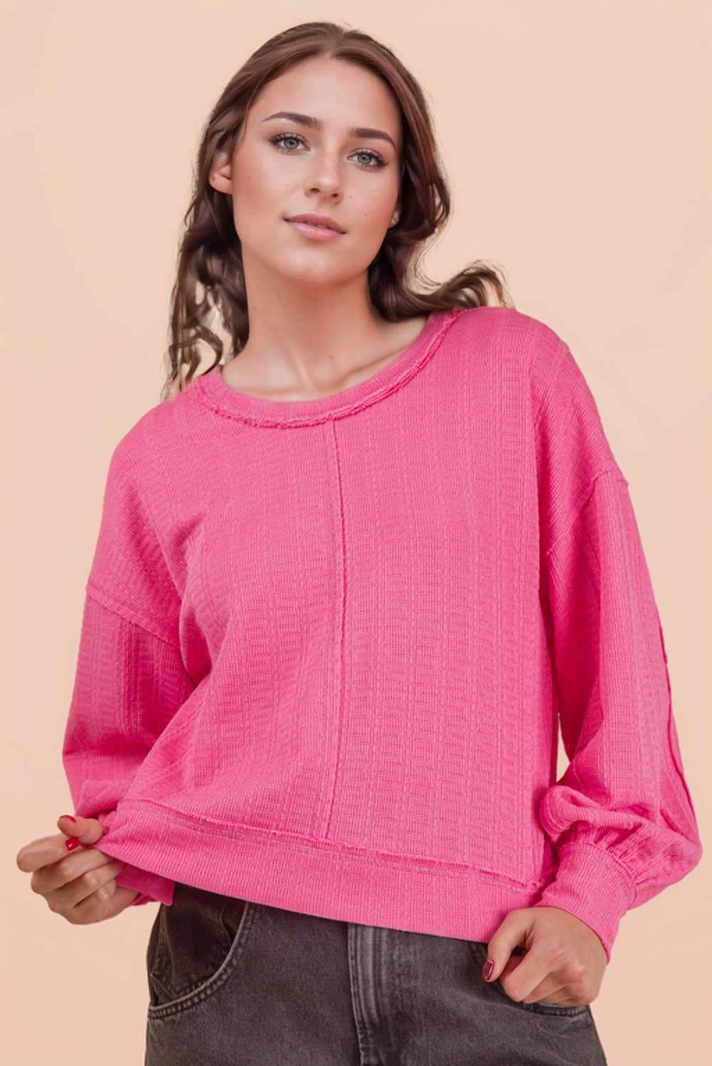 VERY J - NT12413-Raw Edge Detail Oversized Textured Knit Top