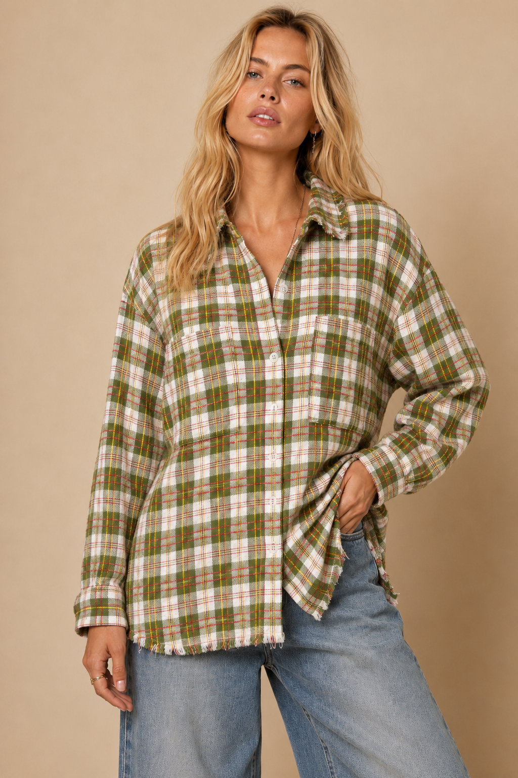 J.NNA - Frayed Hem Plaid Oversized Flannel Button-Down Shirt