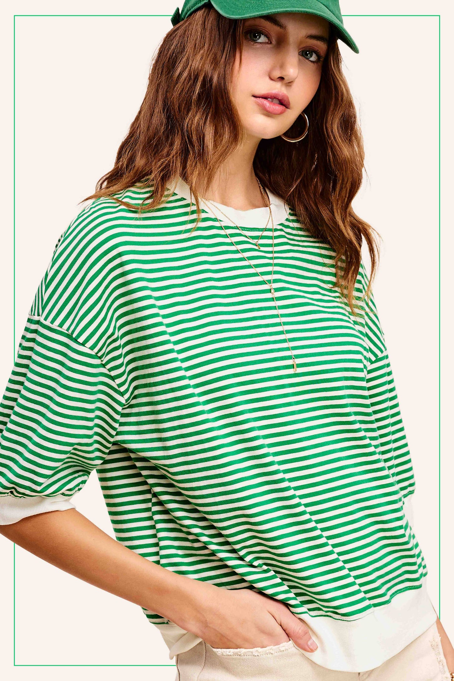 MCT7688-Loose Fit Striped Short Sleeve Crew Neckline Top