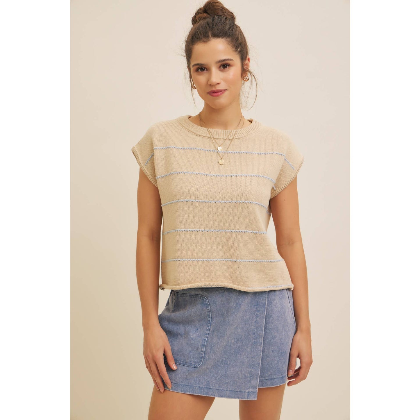 STITCH DETAILED STRIPE SWEATER TOP
