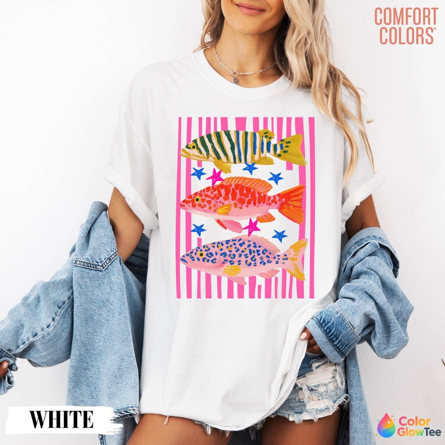 Glaime - Comfort Colors Preppy Fish Graphic Tee, Coastal Summer Beach