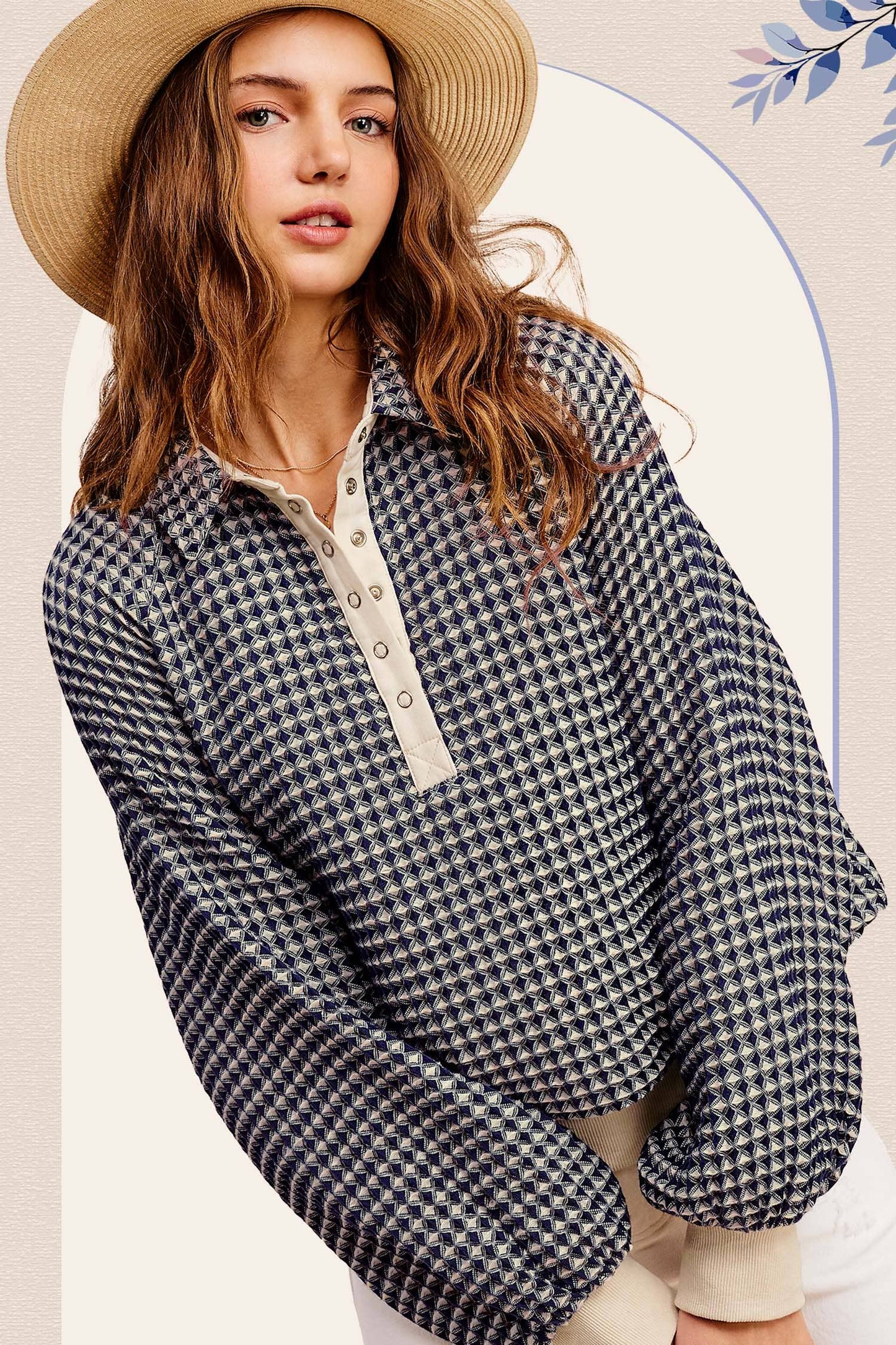 HCS3576-Unique Two Tone Textured Snap Button Front Top