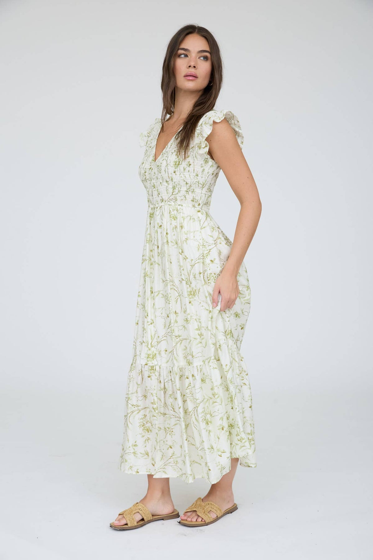 MINE - FLORAL SMOCKED V NECK BUTTON DOWN MIDI DRESS