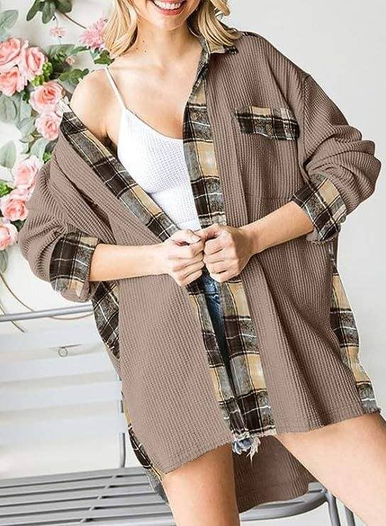 Sleeve top melliflo waffle knit plaid shacket