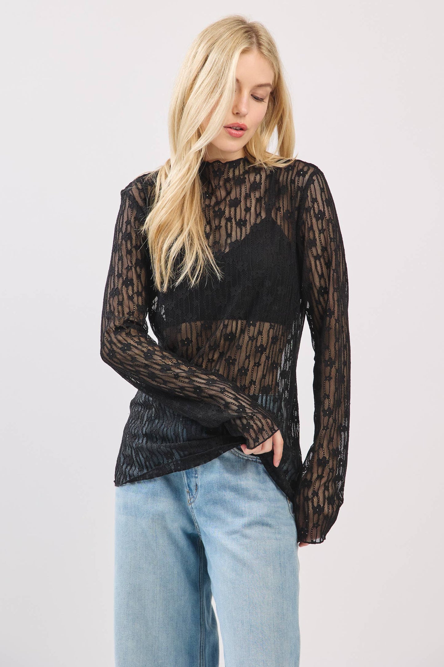 SHEER FLORAL LACE LONG SLEEVE TOP