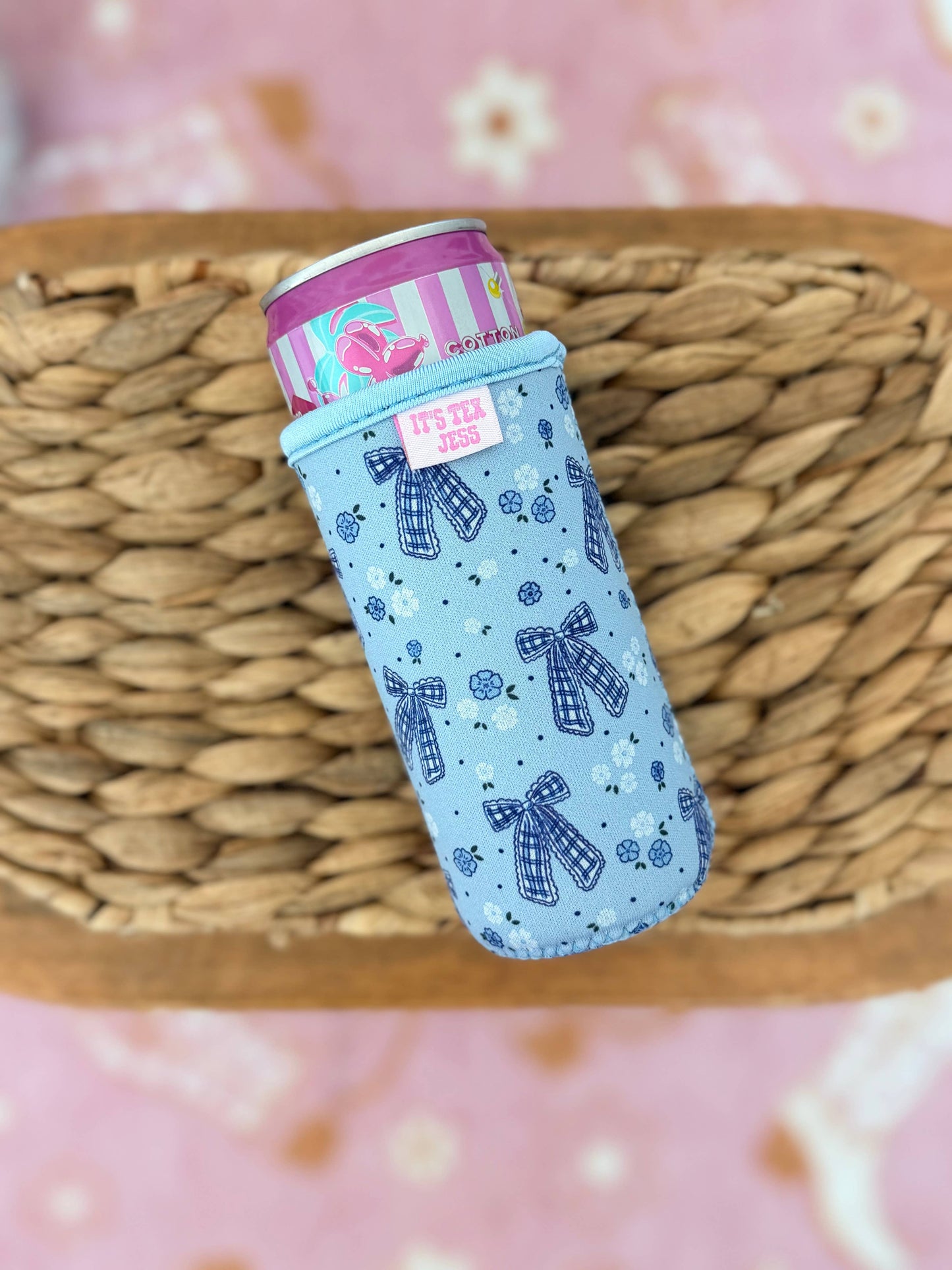 It's Tex Jess - Slim Can Sleeve-Blue Gingham Bow