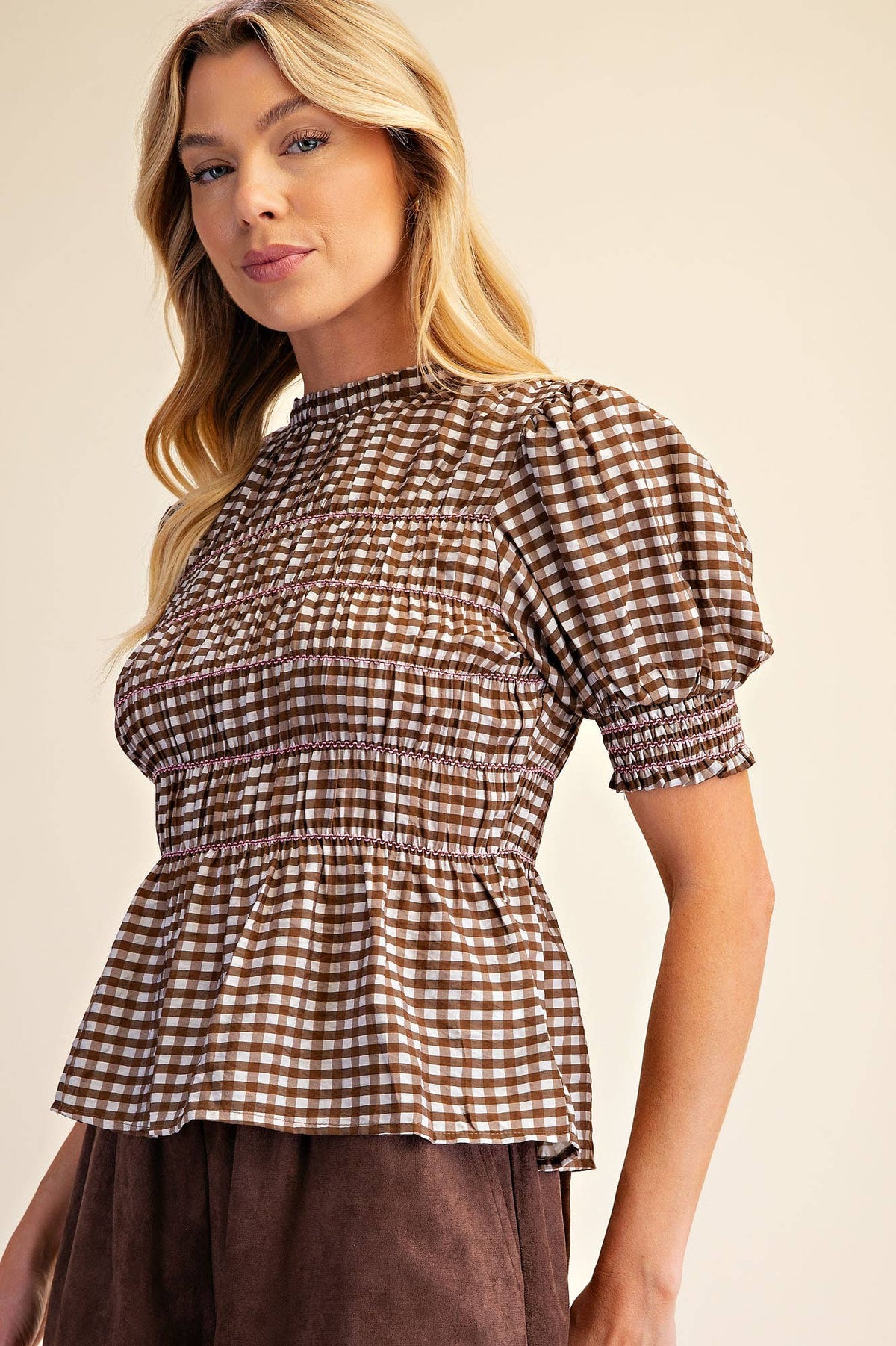 Glam - Plaid Smocked Puff Sleeve Shirt