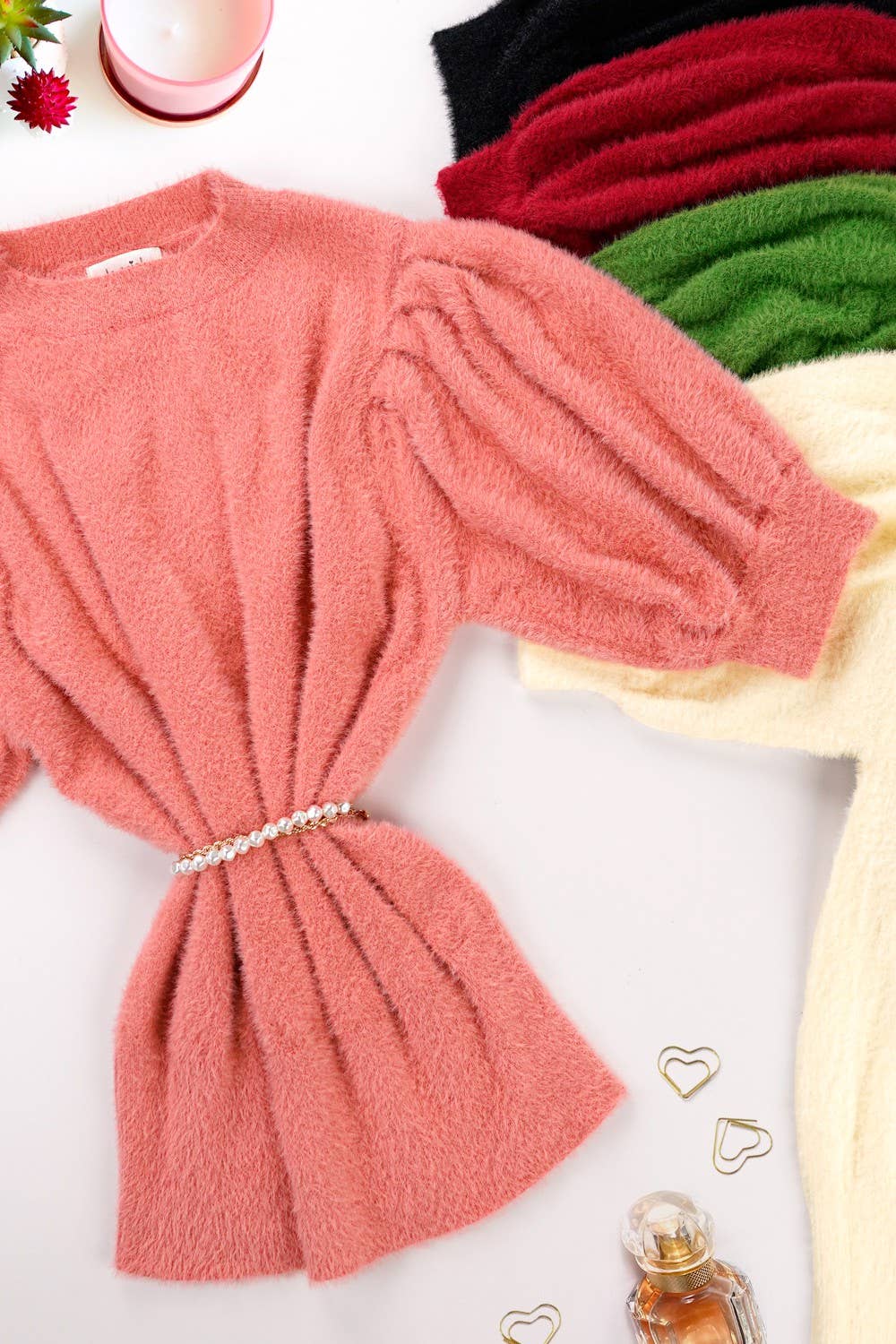 JCS3554-Soft Mohair Puff Short Sleeve Knit Top