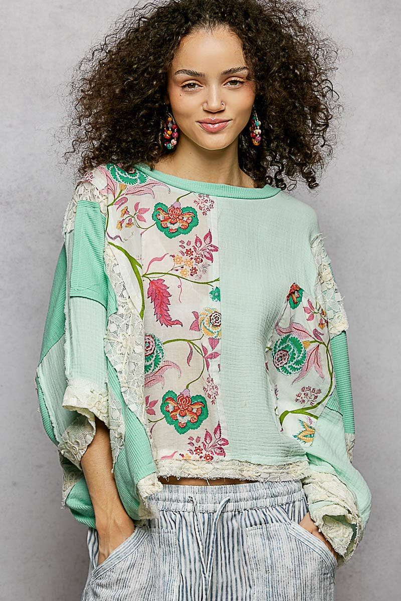 Round Neck Double Gauze Floral Woven Top