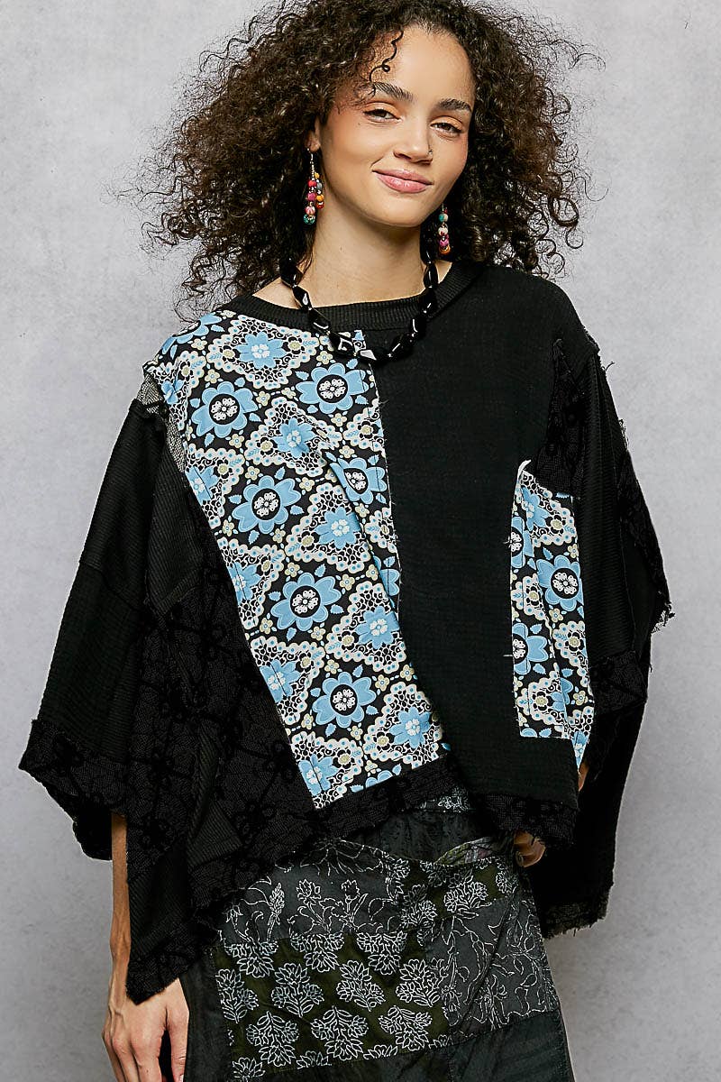 Round Neck Double Gauze Floral Woven Top