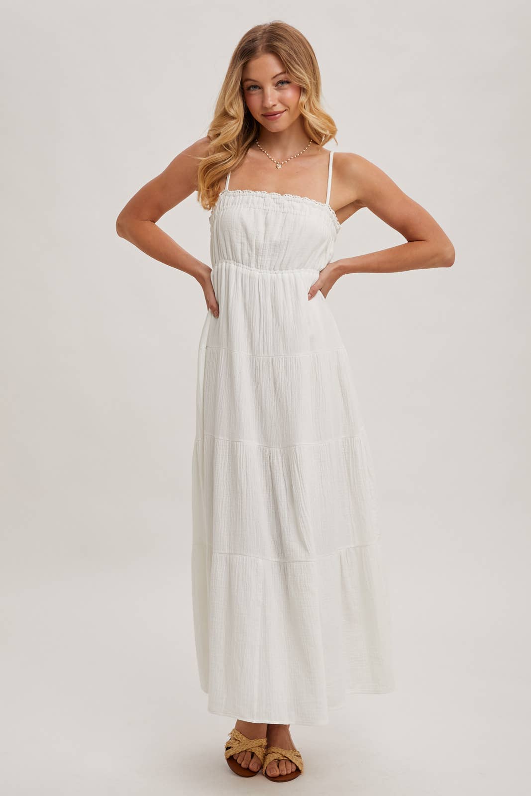 SMOCKED RUFFLE TRIM TIERED MAXI SUNDRES