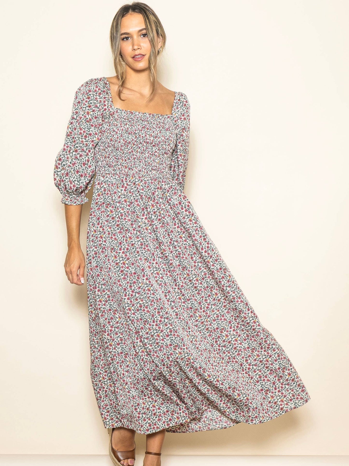 Floral Print Ruffle Detail Smocked Maxi Dress with Pockets