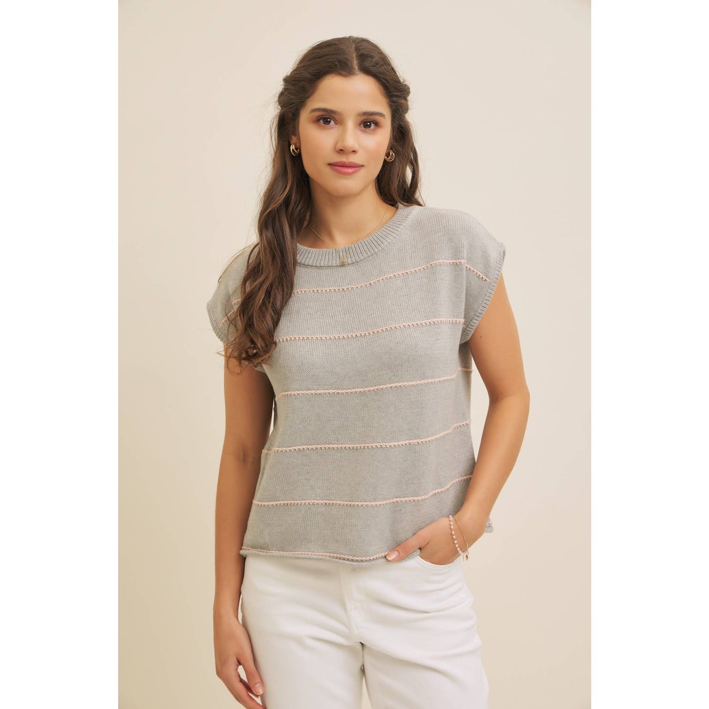 STITCH DETAILED STRIPE SWEATER TOP