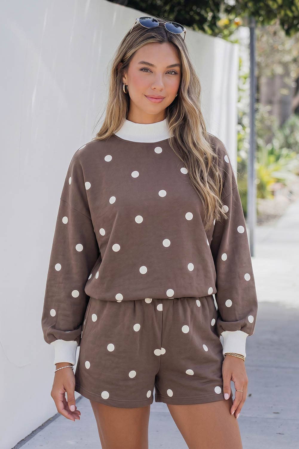 EVELA INC - Polka Dot Mock Neck Long Sleeve Casual Two Piece Pants Sets