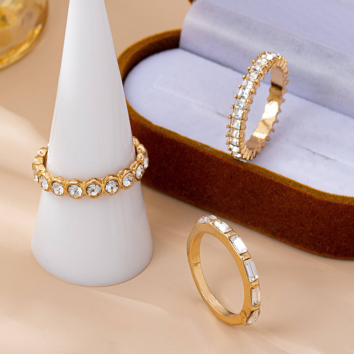 JOSSLYN by wall to wall - Gold-Tone Triple Crystal Stacking Ring Set | 80R176