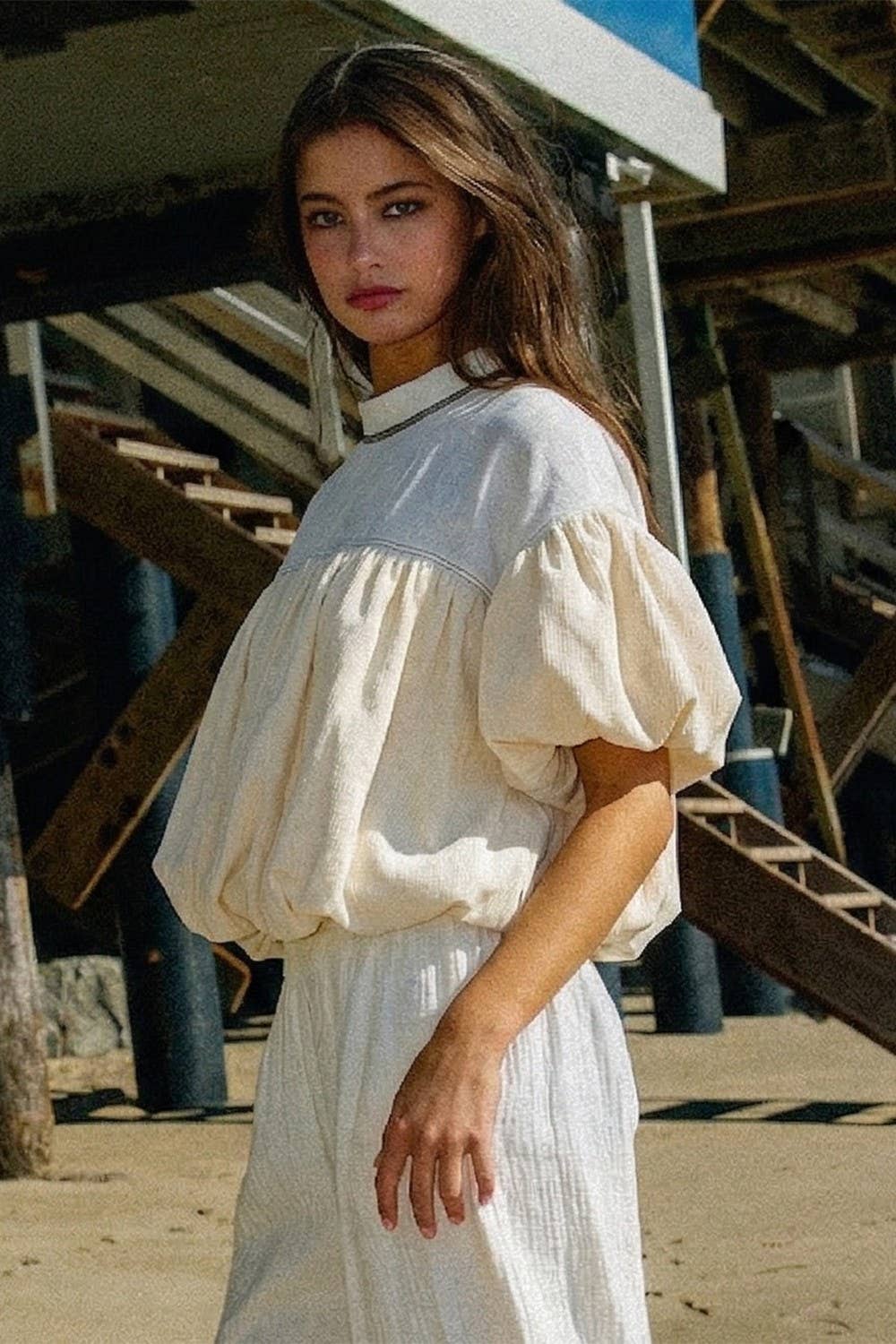 BUCKETLIST INC - T2965 Ruffle Sleeve & Hem Contrast Detail Crop Top