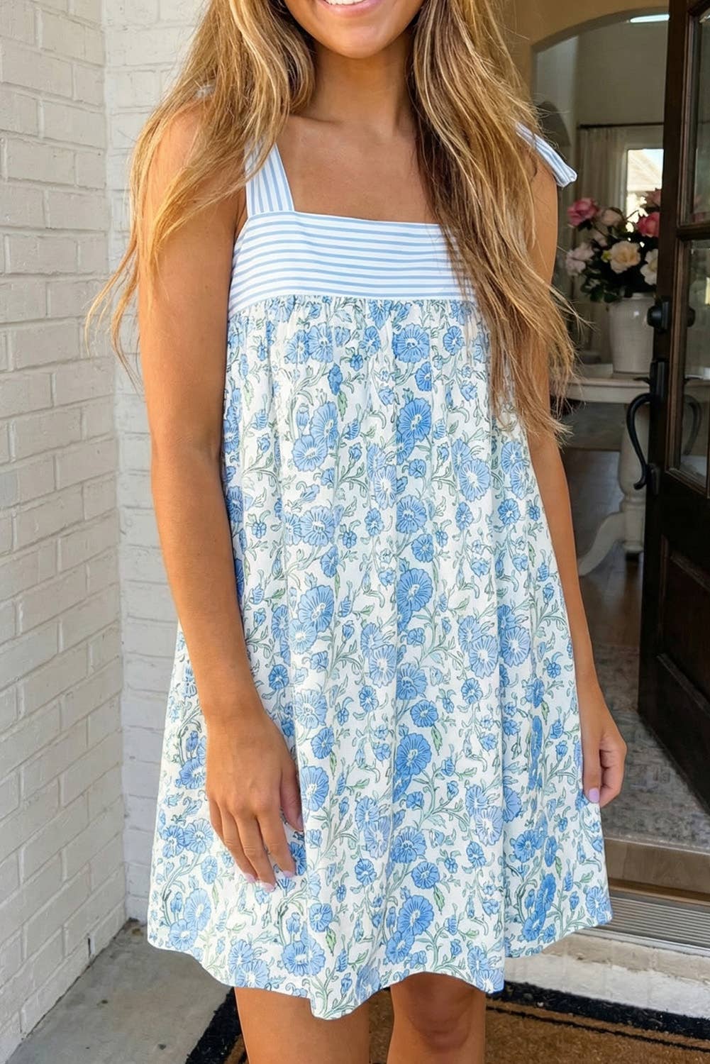 Floral Stripe Patchwork Bow Knot Strap Mini Dress