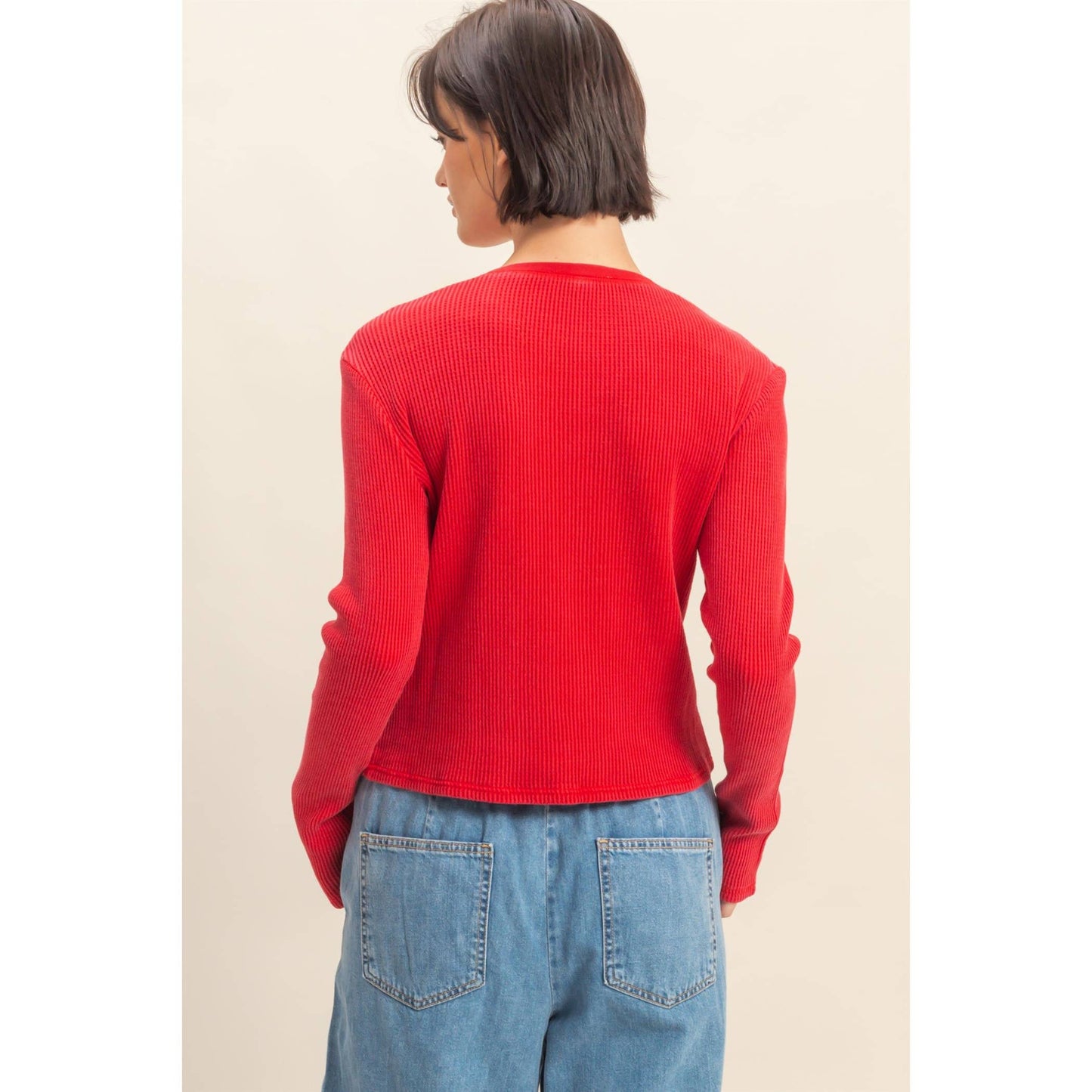 Mineral Wash Waffle Knit Long Sleeve Top