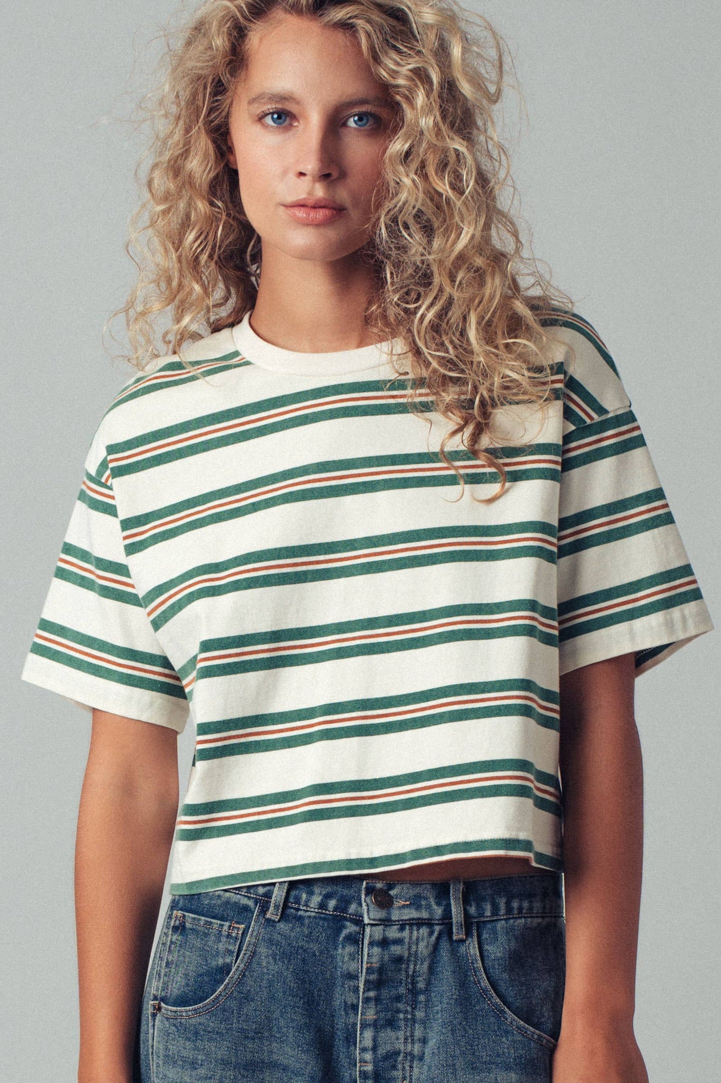 Urban Daizy - Vintage Washed Striped Cotton Crop Tee