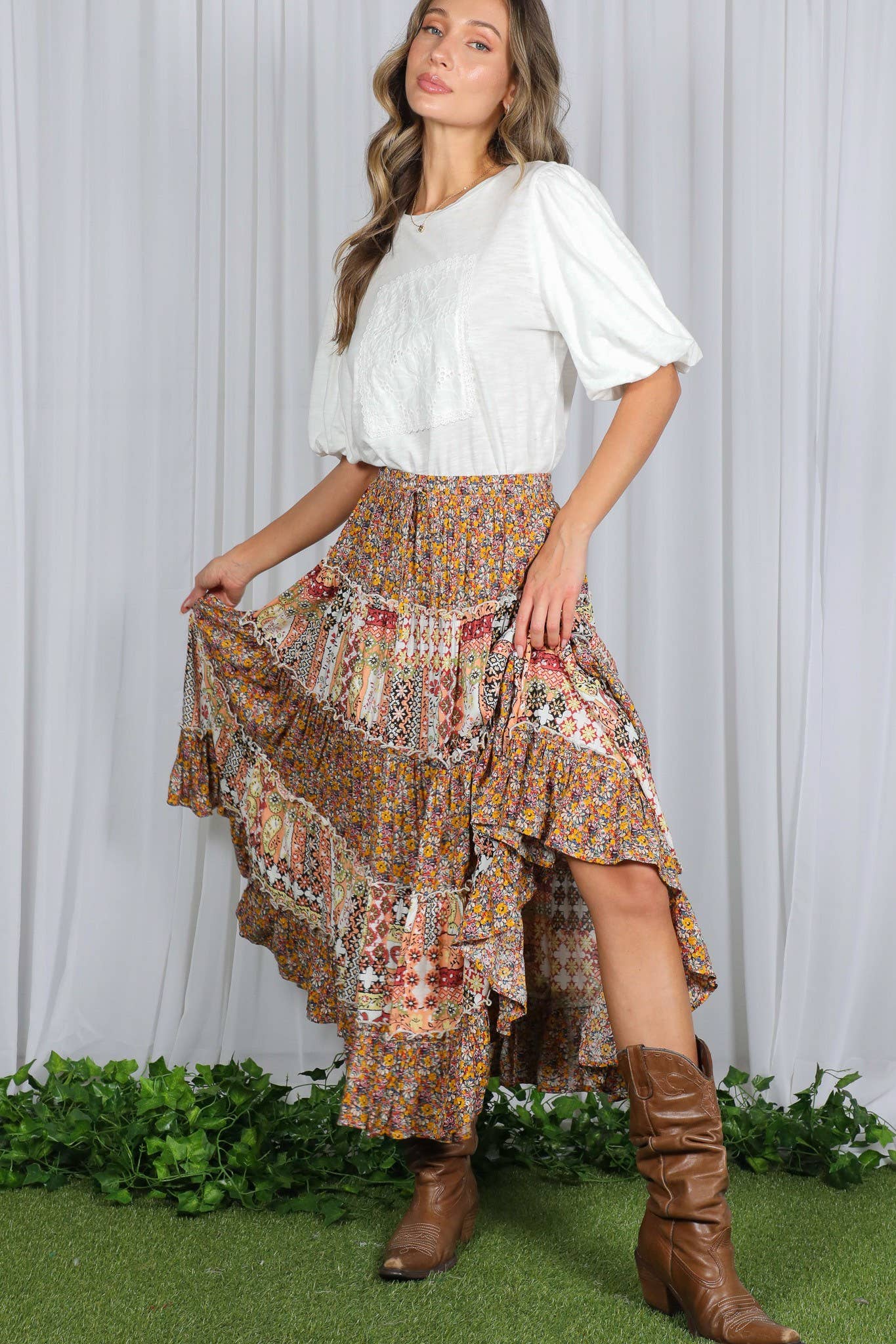 Patchwork Floral Print Bohemian-Inspired Maxi Skirt VS83041
