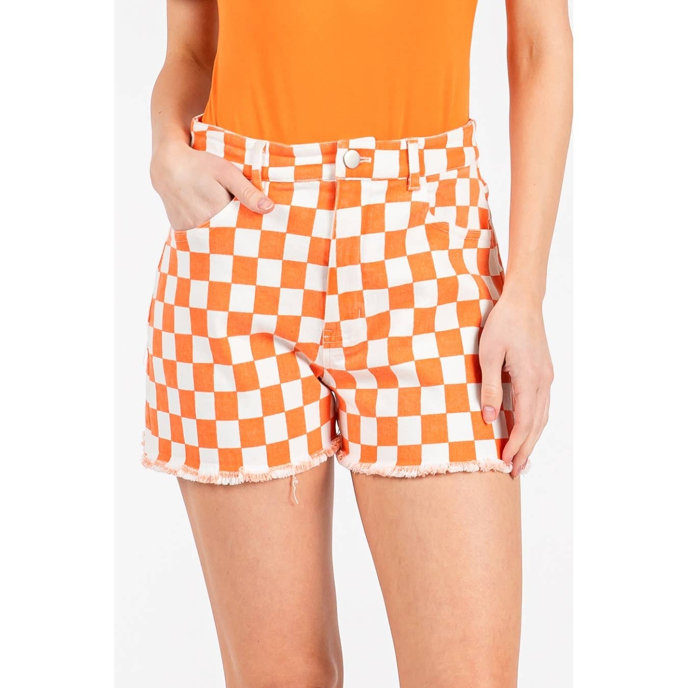 GAME DAY CHECKERED FRAYED HEM CASUAL SHORTS