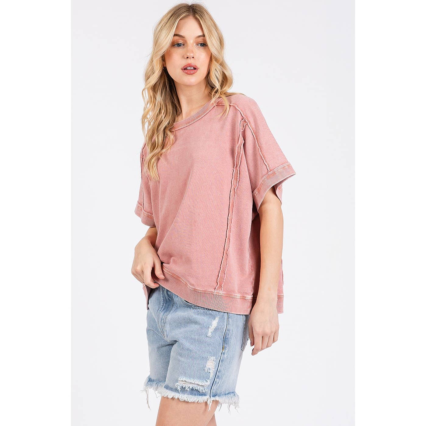 MINERAL WASH FRENCH TERRY CREW NECK CASUAL TOP