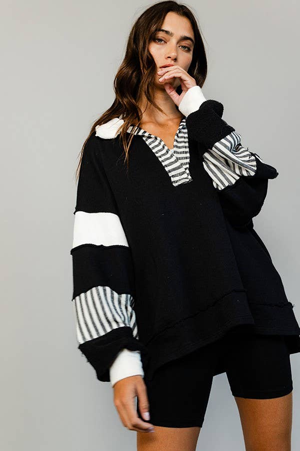 T2004 French Terry Knit Color-block Collared Loose Fit Top