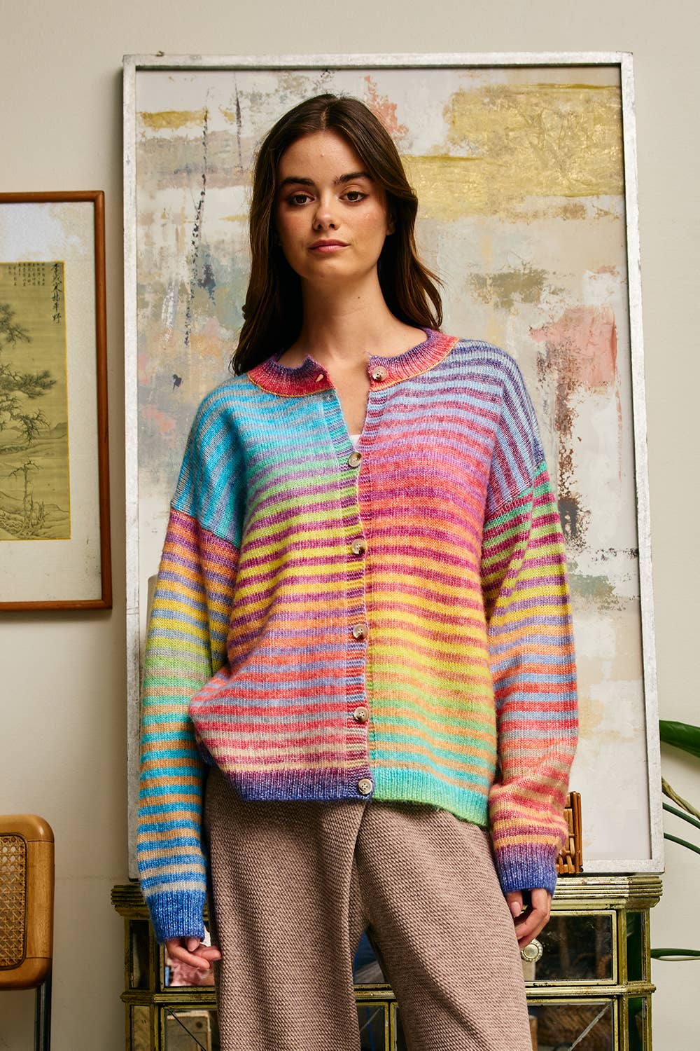 BUCKETLIST INC - IT3002 Space-Dye Striped Button-Down Cardigan