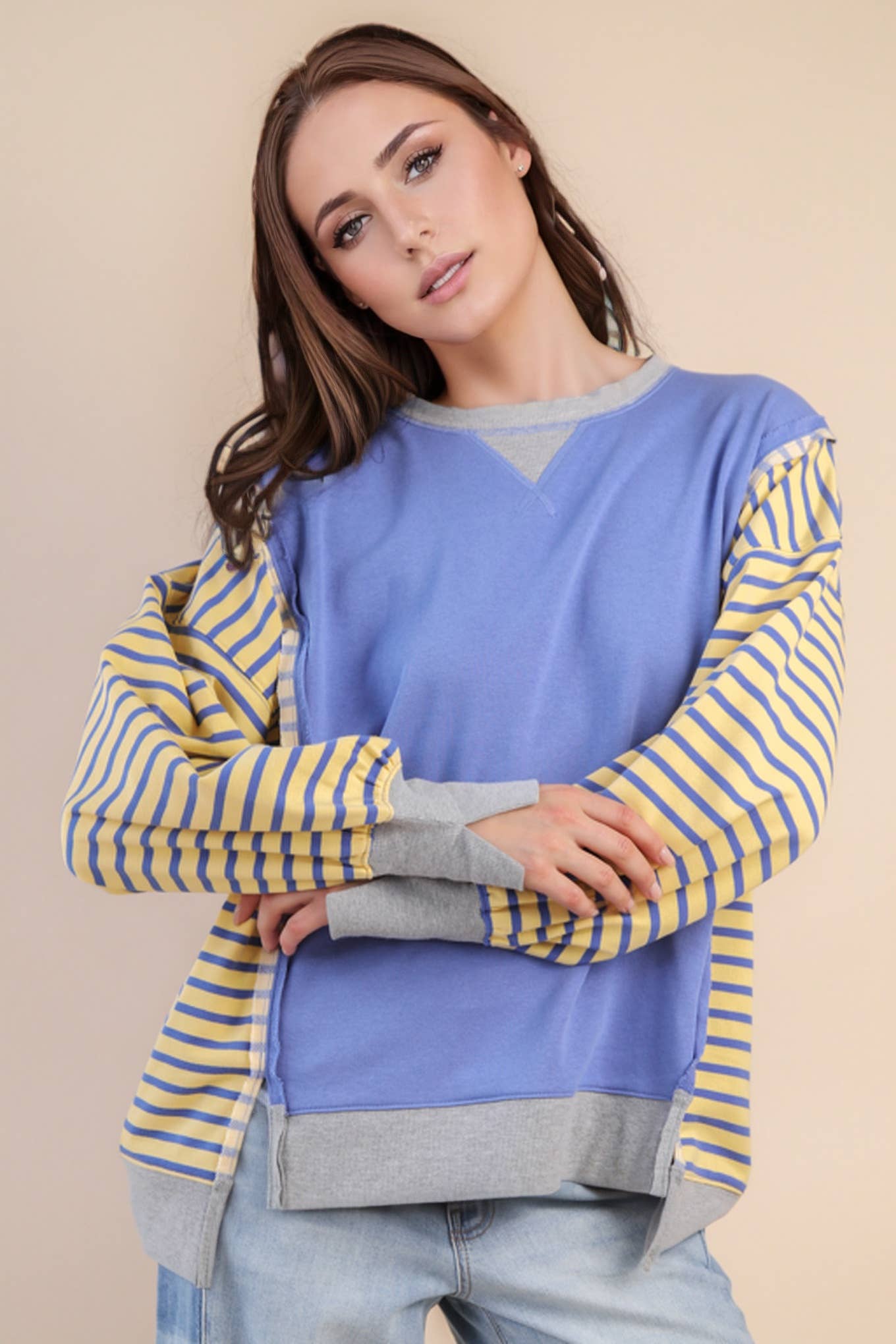 NT12221-Oversized Striped Casual Knit Top