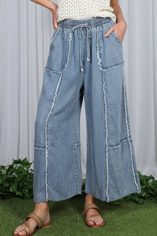 Vine & Love - Washed Casual Denim Wide Leg Elastic Band Crop Pants VP83027