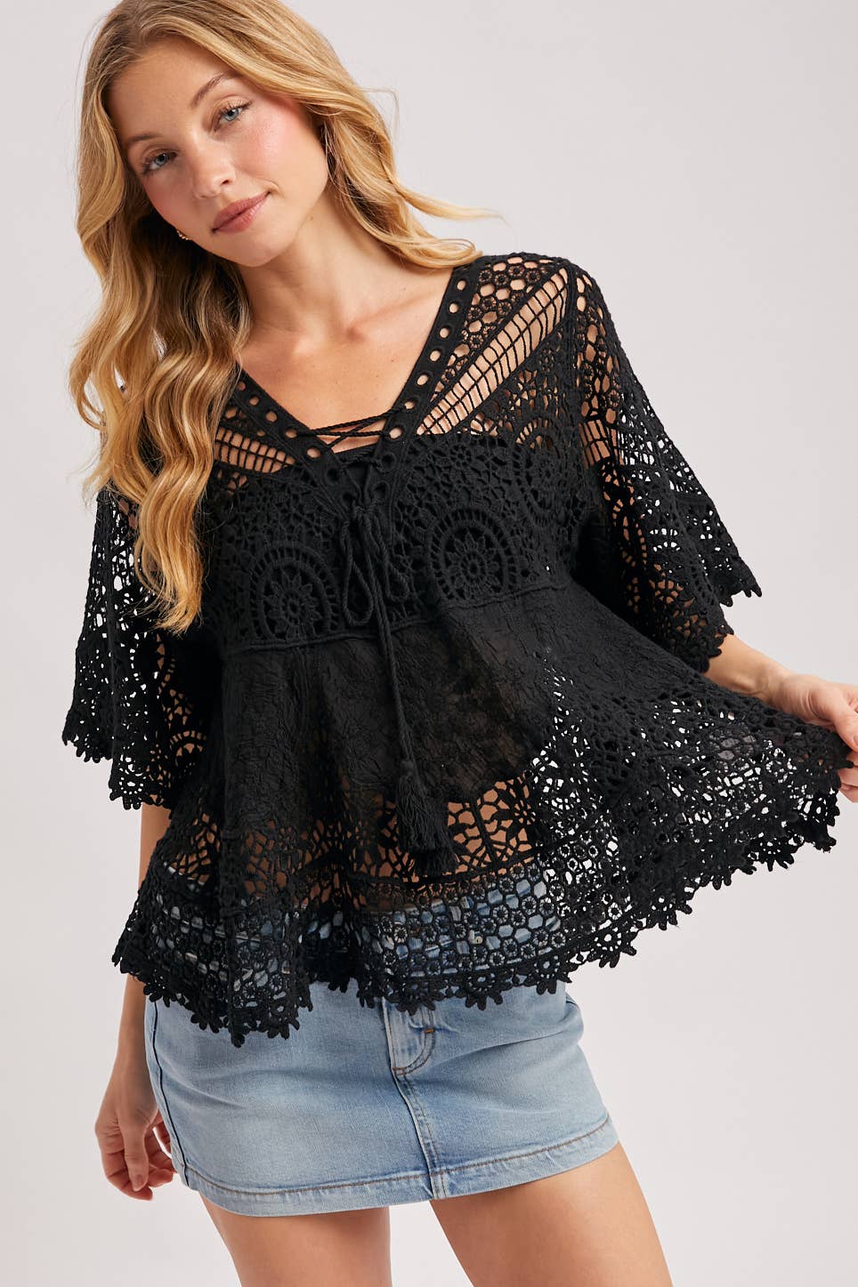 Bluivy - BOHO SHEER CROCHET LACE TOP WITH TASSELS