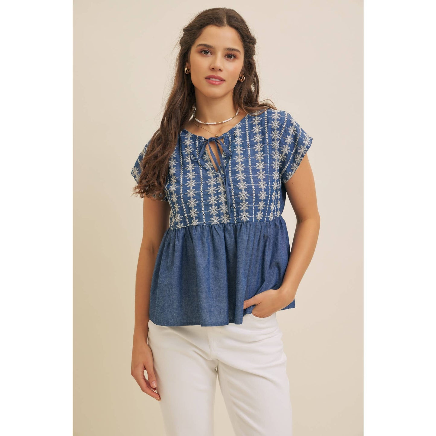EMBROIDERY BABYDOLL DENIM BLOUSE TOP WITH ROUND SPLIT NECK