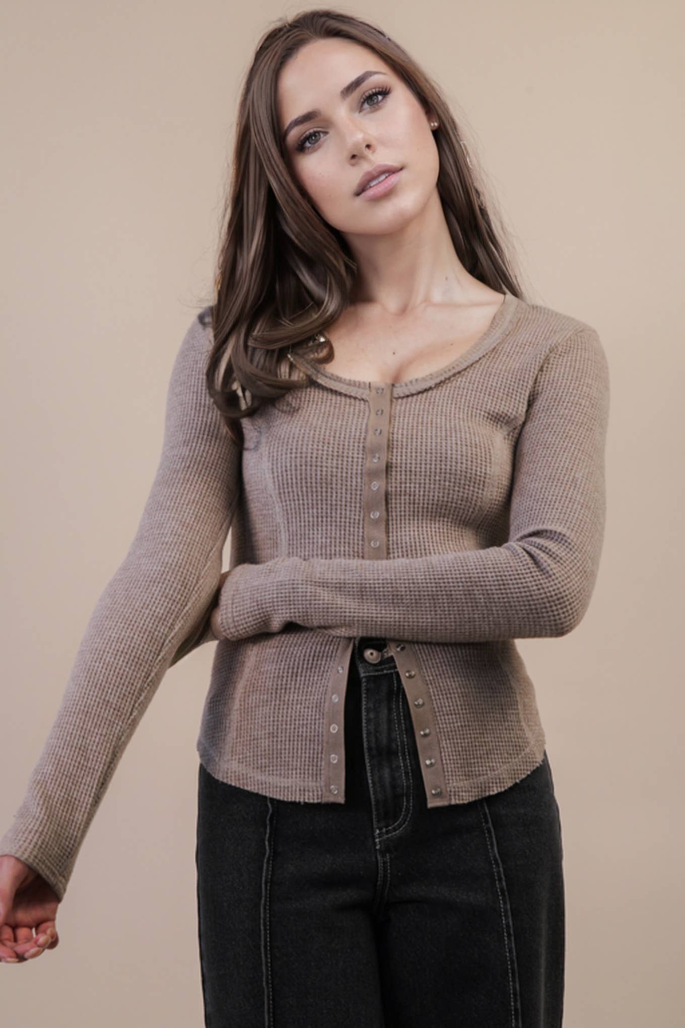 NT12243-Button Down Fitted Knit Casual Top
