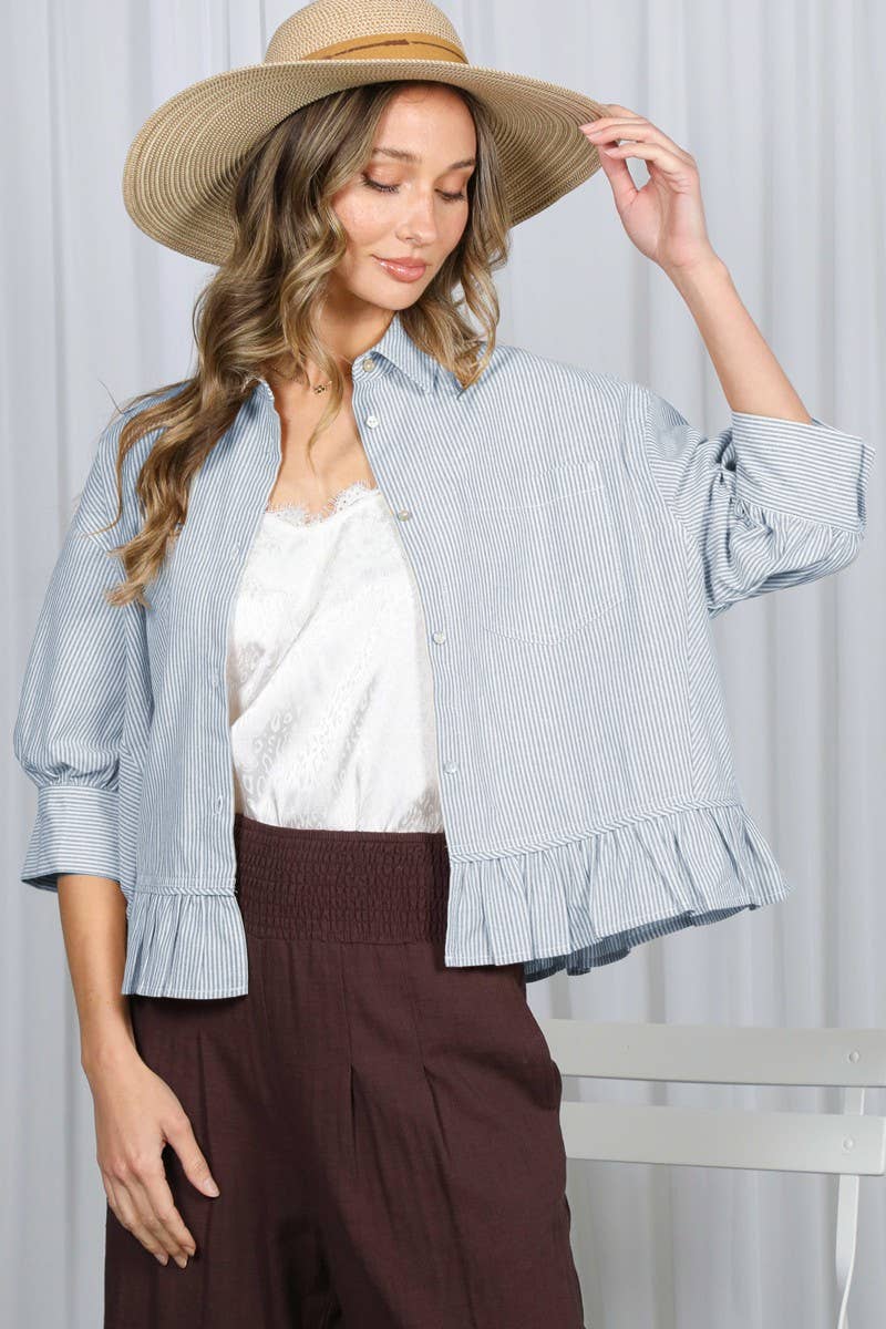 Pocket Detail Ruffle Hem 100%Cotton Striped Shirt VT82772A