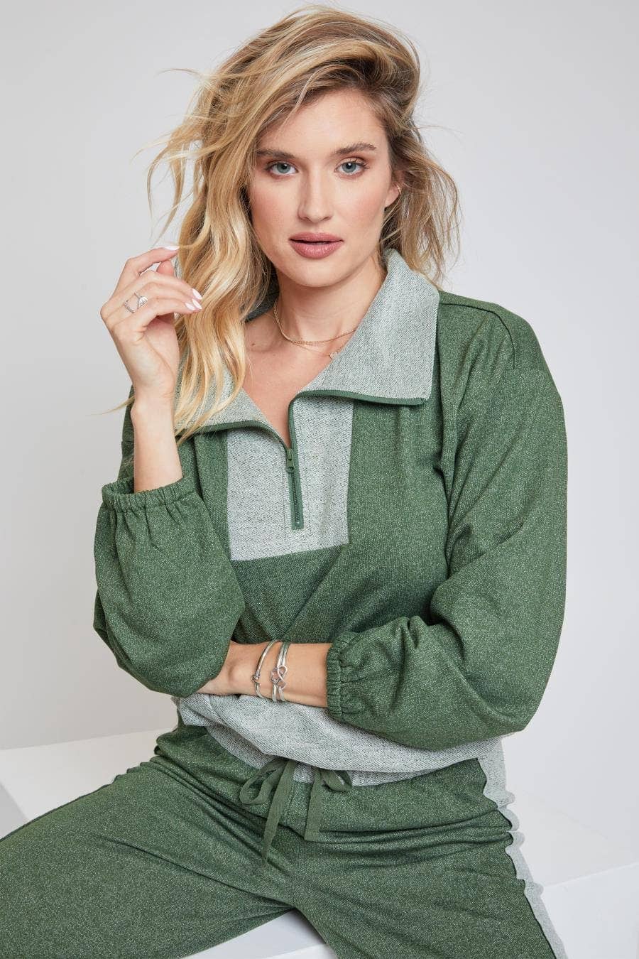 Half Zip Pull Over Sweater with Drawstring Waist-WJ1089RT