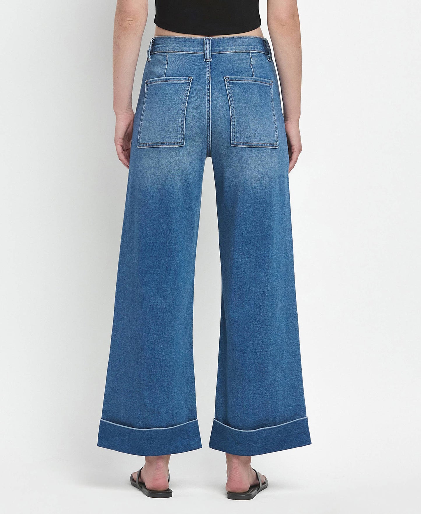 HIGH RISE DOUBLE CUFFED BAGGY WIDE JEANS V3589