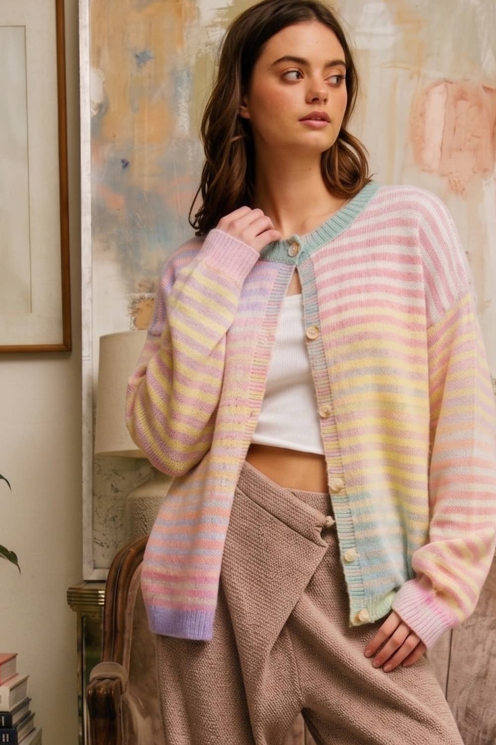 BUCKETLIST INC - IT3002 Space-Dye Striped Button-Down Cardigan