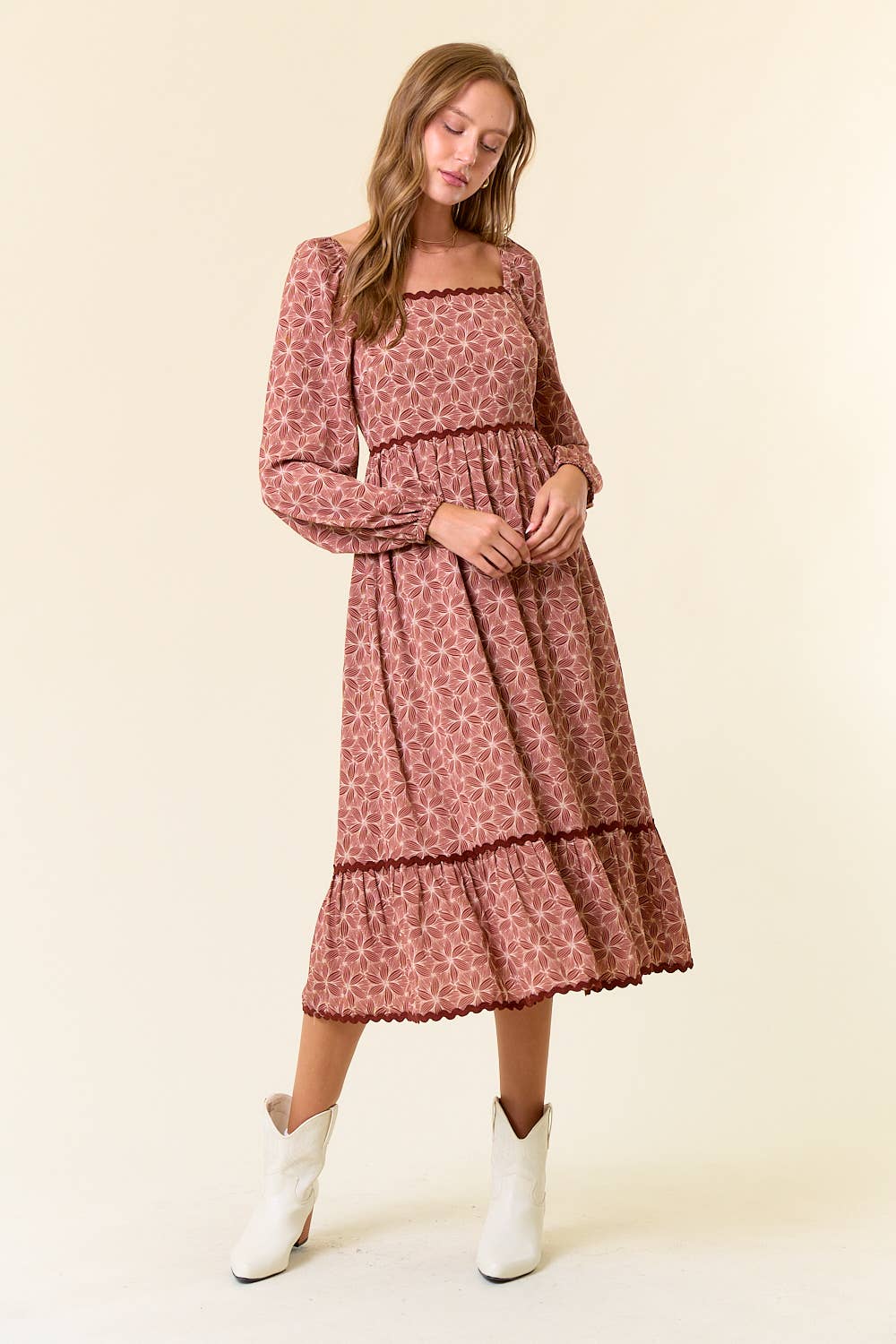 Floral Square Neck Lace Tiered Midi Dress - 27847D