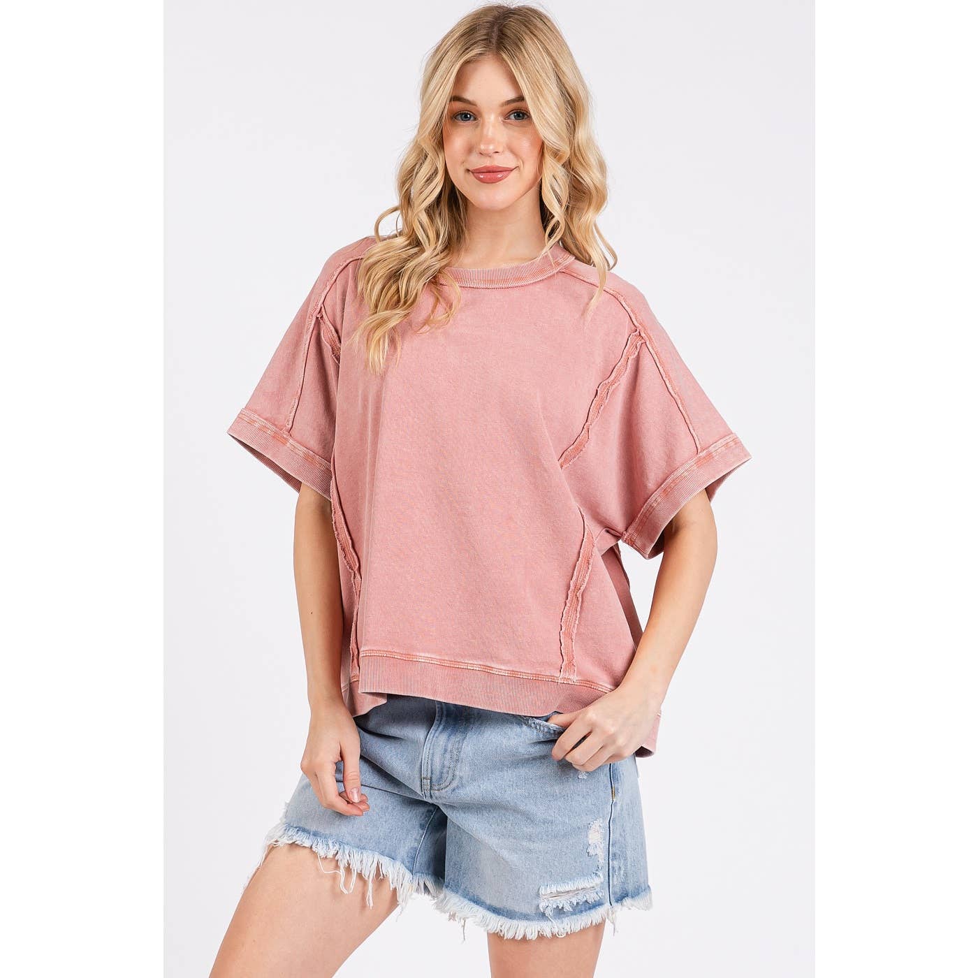 MINERAL WASH FRENCH TERRY CREW NECK CASUAL TOP