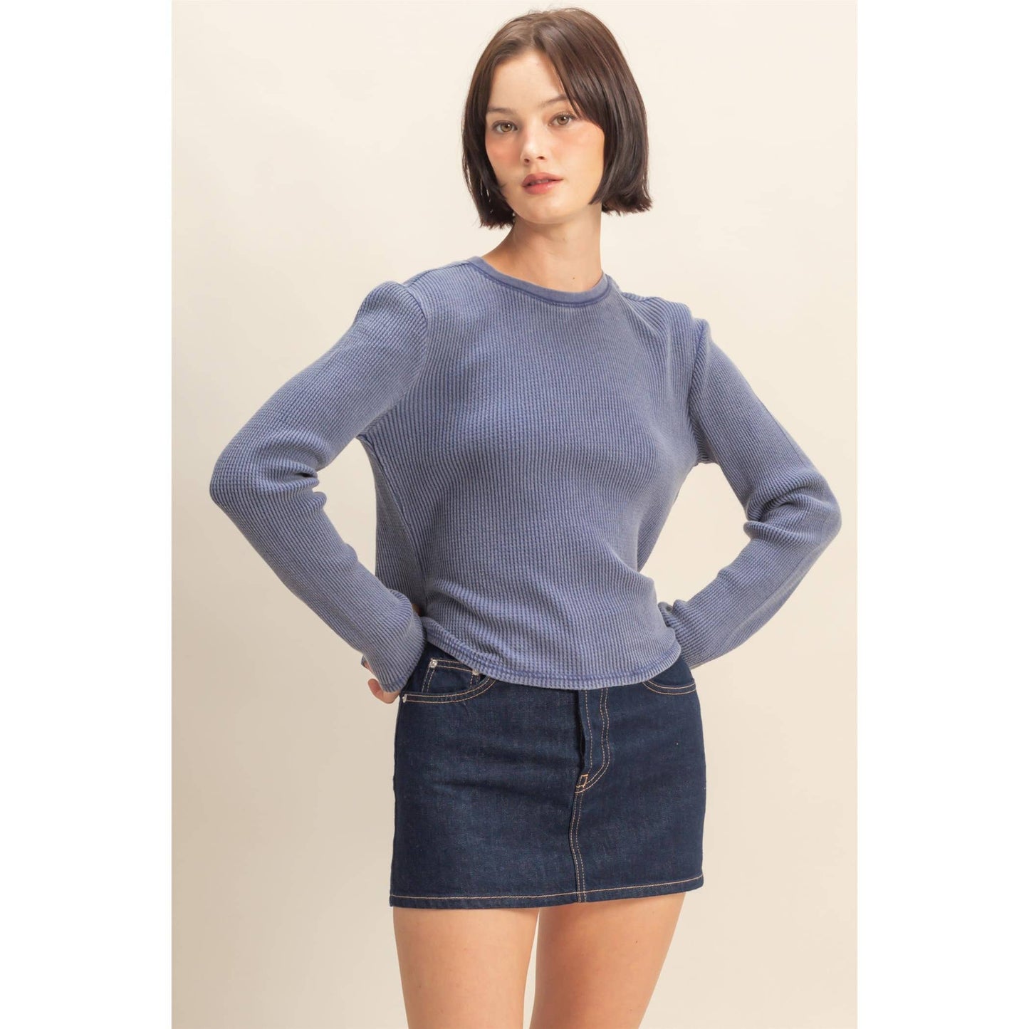 Mineral Wash Waffle Knit Long Sleeve Top