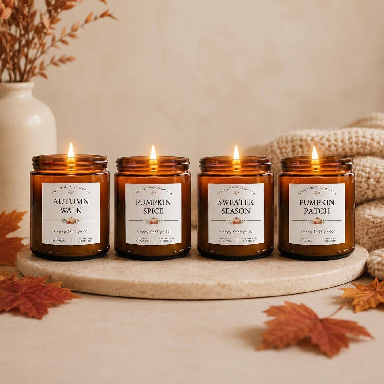 THE DANCING WICK CANDLES - Autumn Walk Fall Soy Candle in Amber Glass Jar