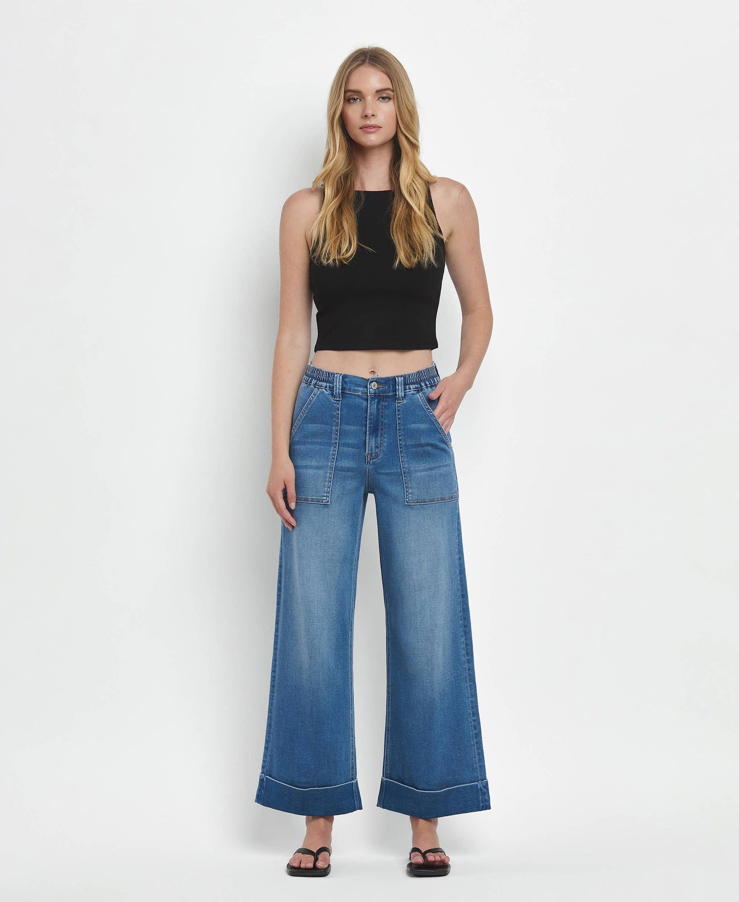 HIGH RISE DOUBLE CUFFED BAGGY WIDE JEANS V3589