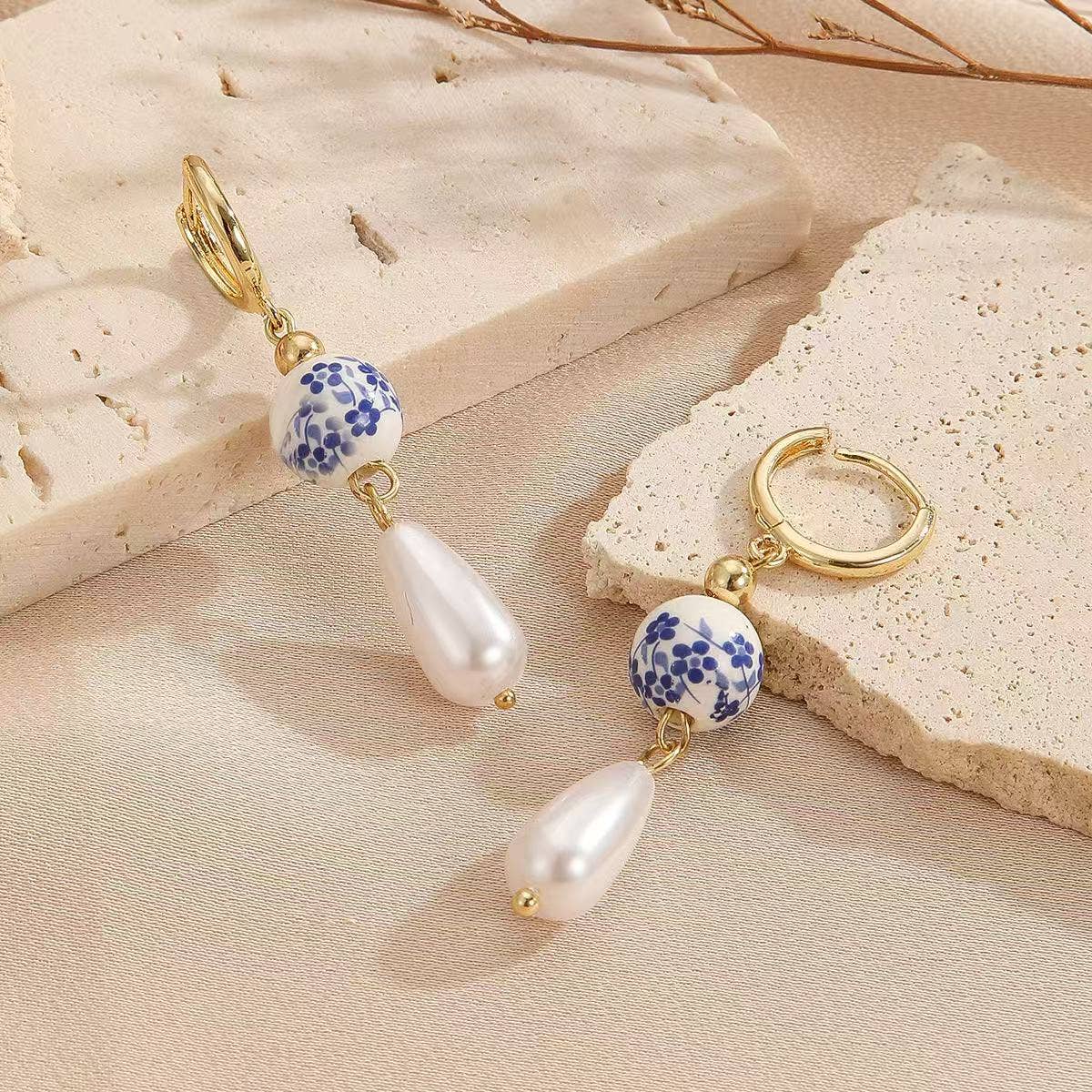 Purple Myrtle - Drop and Dangle Pearl and Chinoiserie Style Earrings