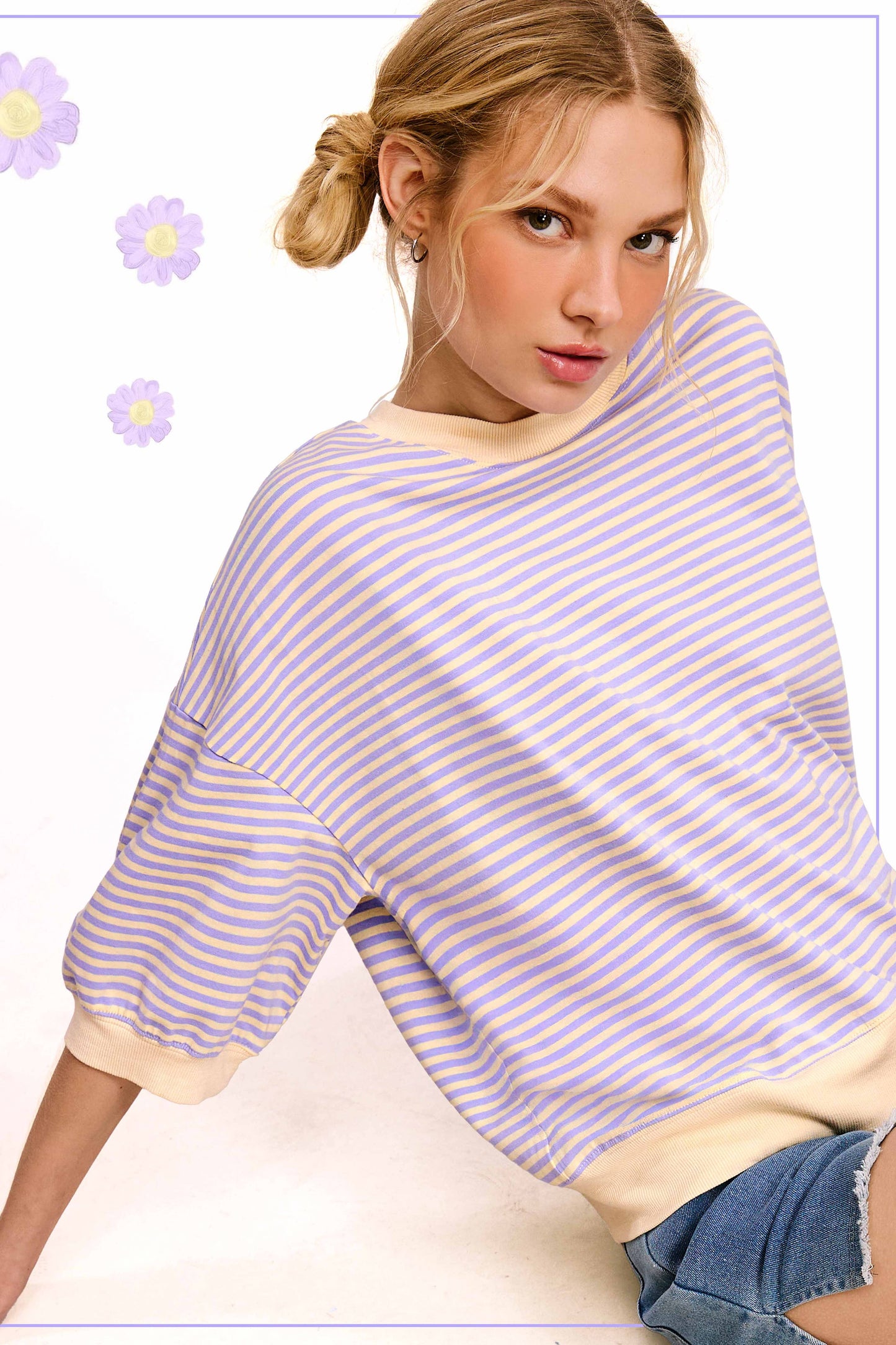 MCT7688-Loose Fit Striped Short Sleeve Crew Neckline Top