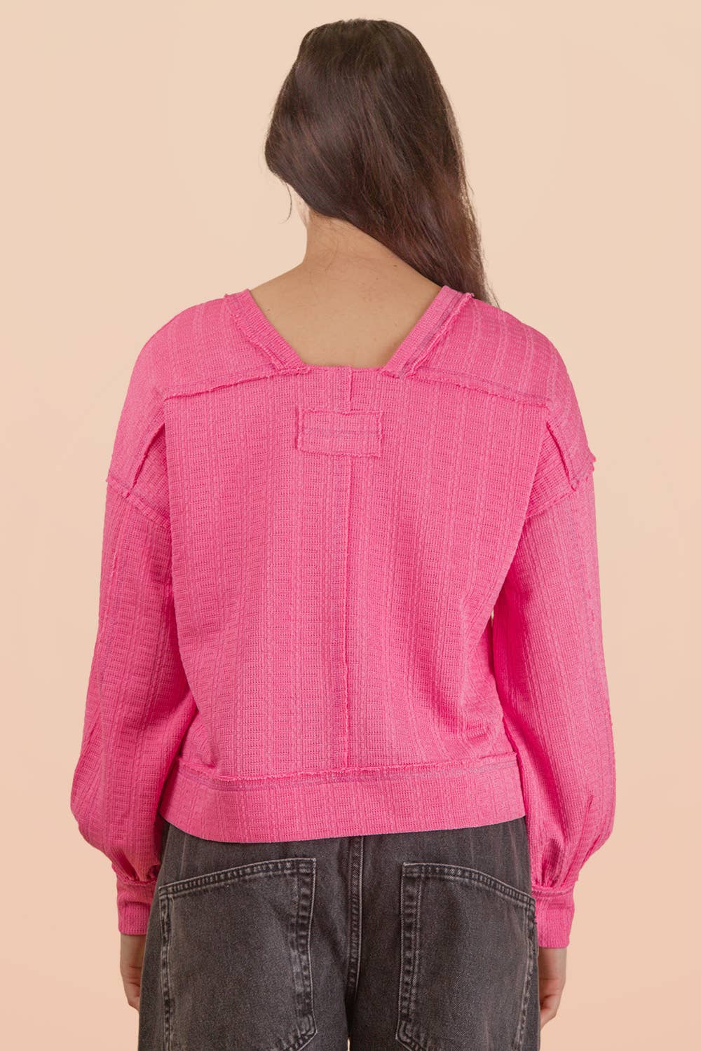 VERY J - NT12413-Raw Edge Detail Oversized Textured Knit Top