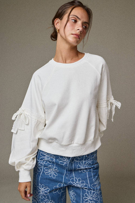 PT18996 - Bow Sleeve Sweatshirt- Lace Trim Detail